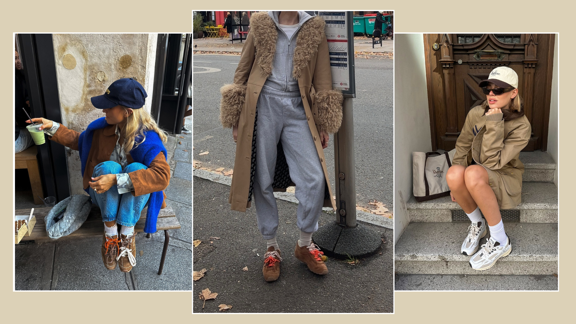 Three fashion people wear the best brown trainers.