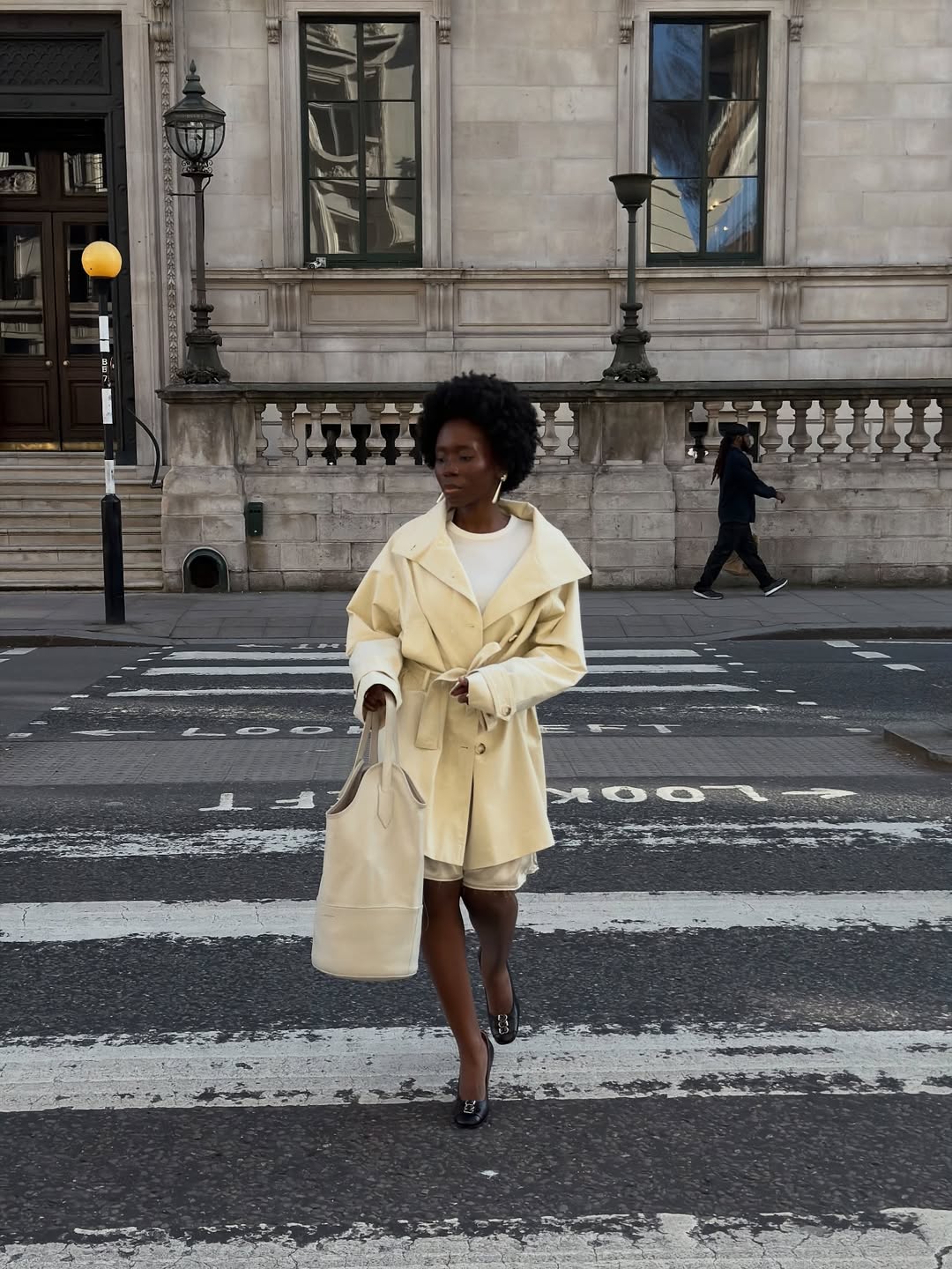 Danielle in short butter yellow trench coat and shorts