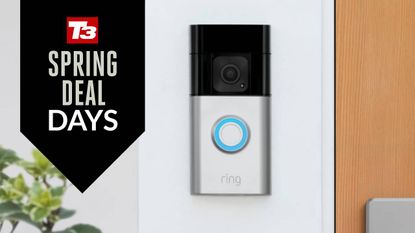 Lifestyle image of the Ring Video Doorbell Plus with a T3 Spring Deal Days badge