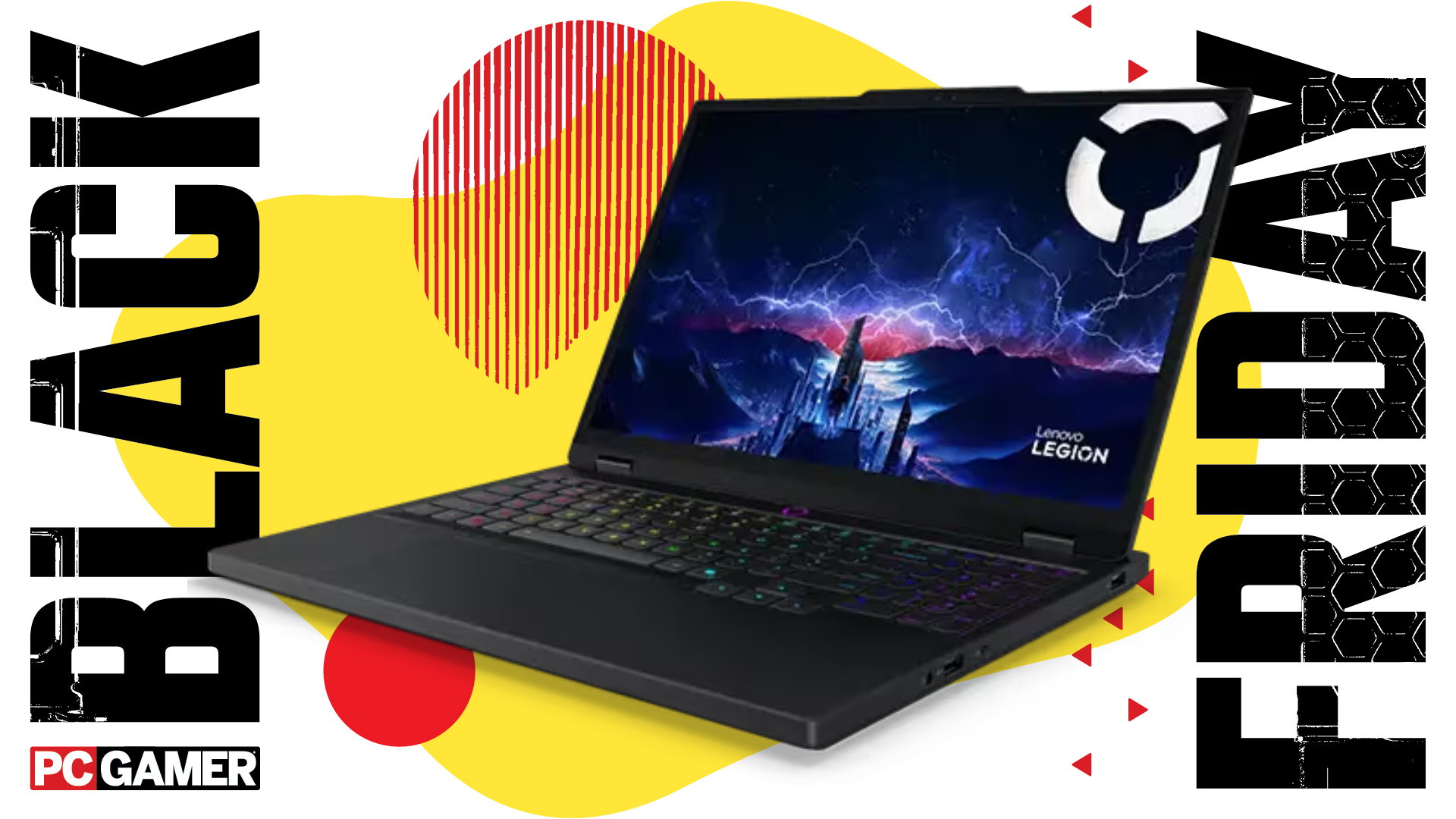 A Lenovo Legion 5i OLED RTX 5070 gaming laptop on a colorful Black Friday deals background
