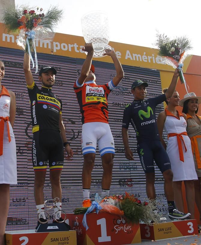 Diaz celebrates his overall victory on the final podium