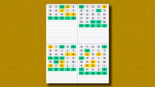 Quordle Daily Sequence answers for game 920 on a yellow background