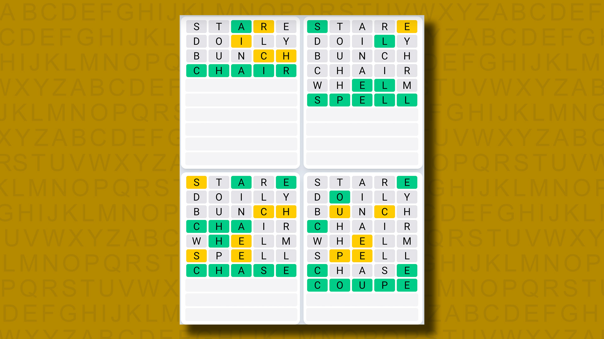 Quordle Daily Sequence Answers for Game 920 on a yellow background