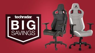 Two Corsair gaming chairs on a red background with a TechRadar 'Big Savings' badge.