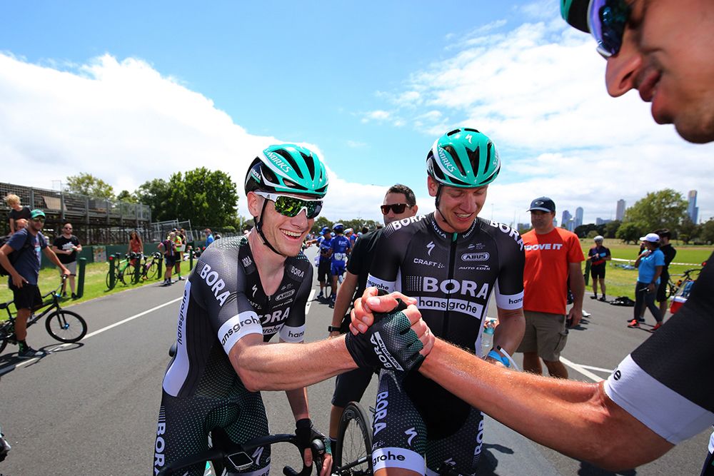 Sam Bennett with his teammates after his win