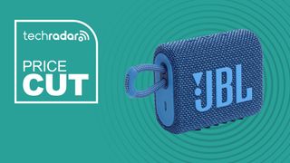 JBL Go 3 blue speaker on cyan background with price cut sign