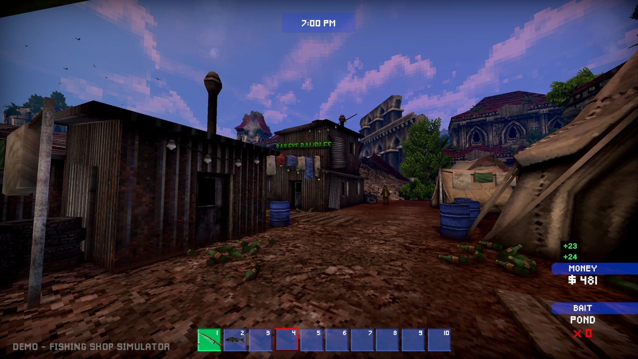 Fishing Shop Simulator: A shanty town with bottles on the floor and a bar in the distance.