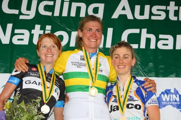 The road race podium - Carla Ryan (Garmin-Cervelo), Alexis Rhodes (Garmin-Cervelo) and Joanne Hogan (Team Jayco-VIS)