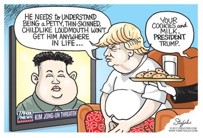 Political cartoon U.S. Trump Kim Jong-un North Korea sanctions