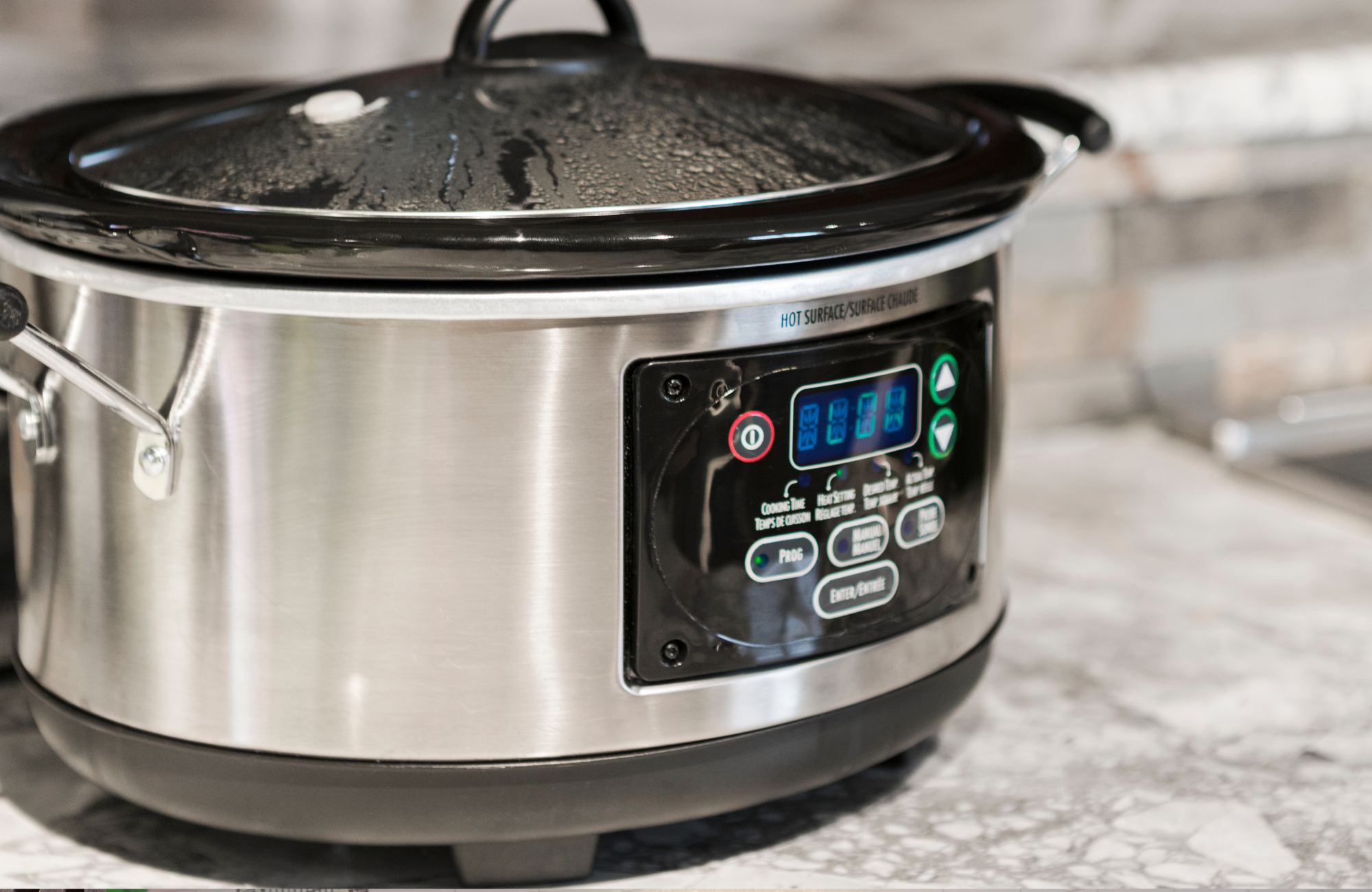A heated slow cooker.