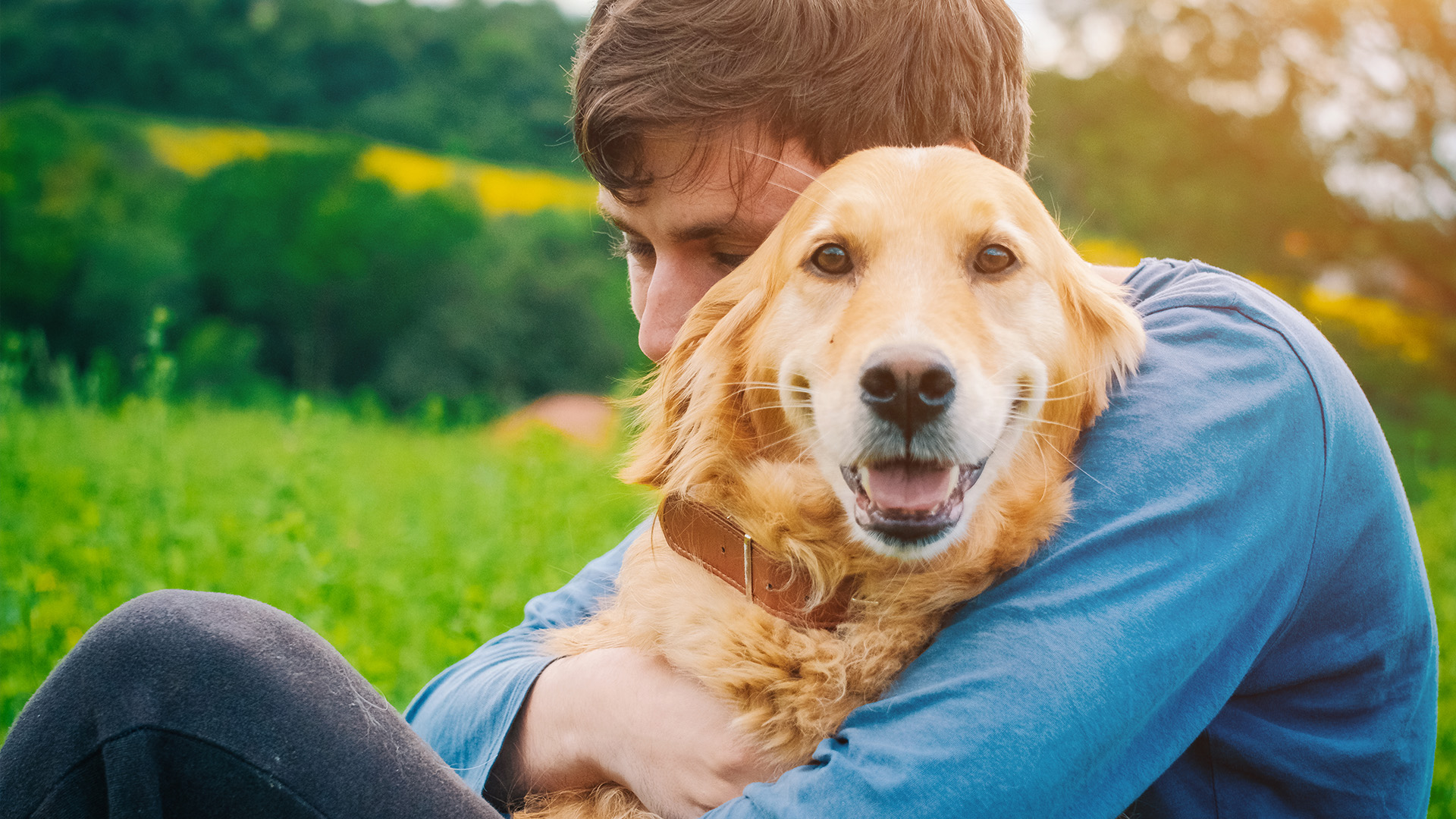 Man cuddling golden retriever