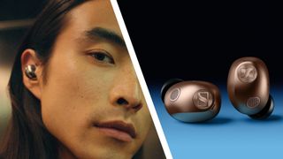 Two-way split image of a man wearing the Sennheiser Momentum True Wireless 5 earbuds, and a close-up shot of the copper Sennheiser Momentum True Wireless 5 earbuds.
