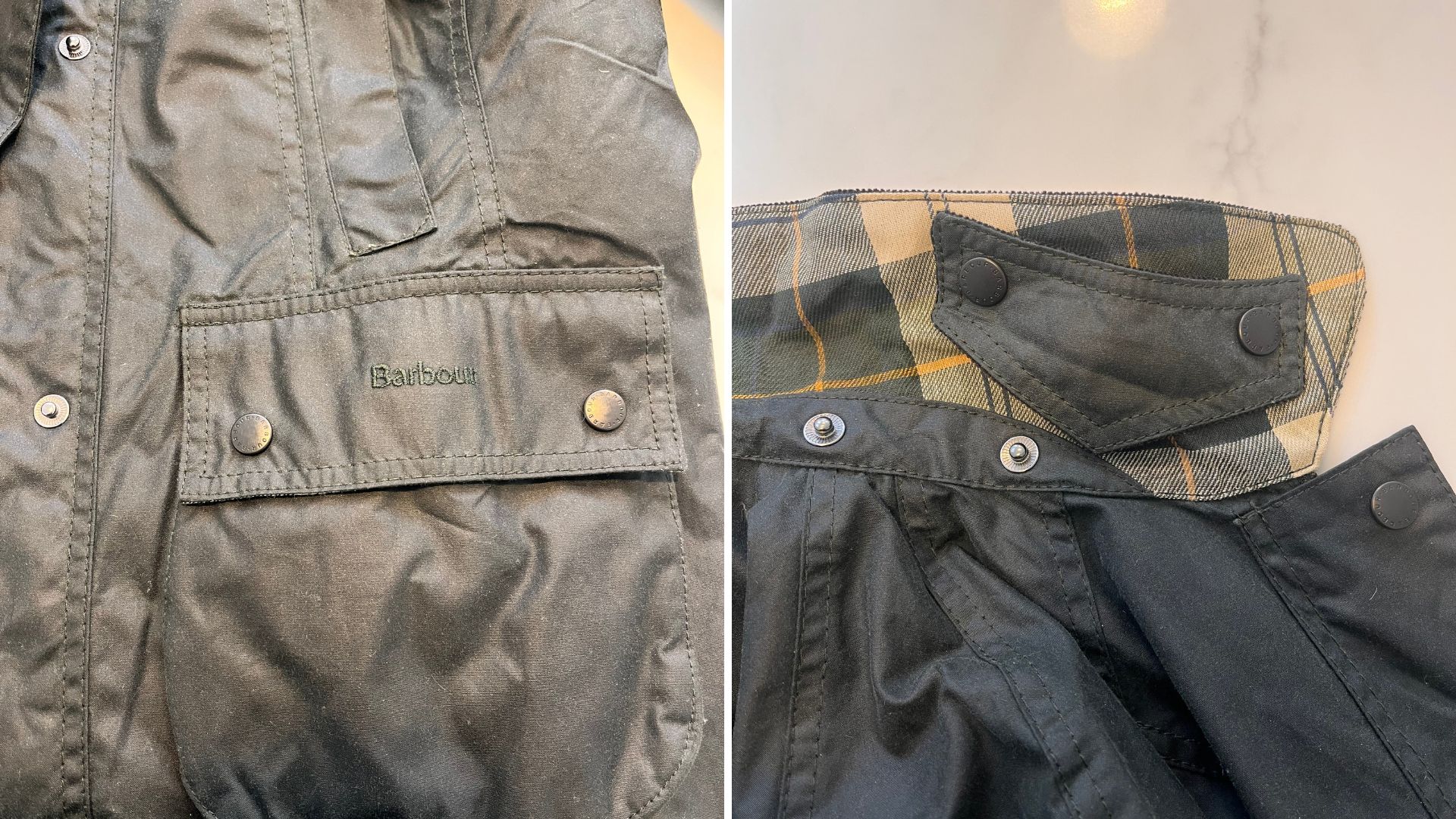 Two close up images of the Barbour Beadnell waxed jackets