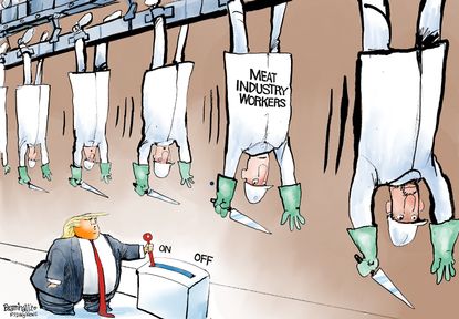 Political Cartoon U.S. Trump forces meat farmers workers to stay open lines carry on