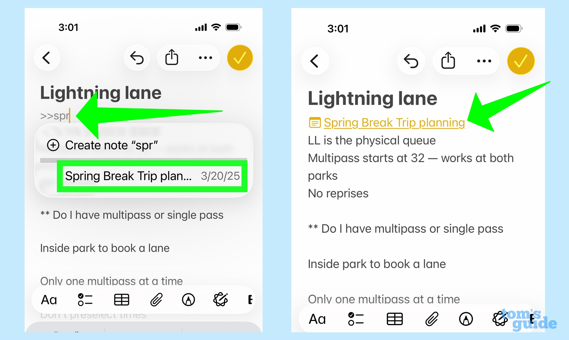 linking between notes on an iPhone