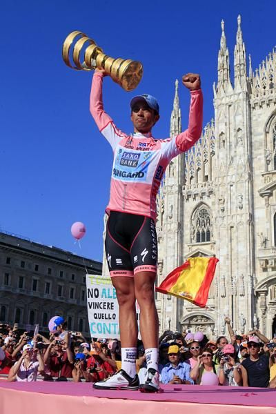 Alberto Contador celebrates his second Giro d'Italia victory.