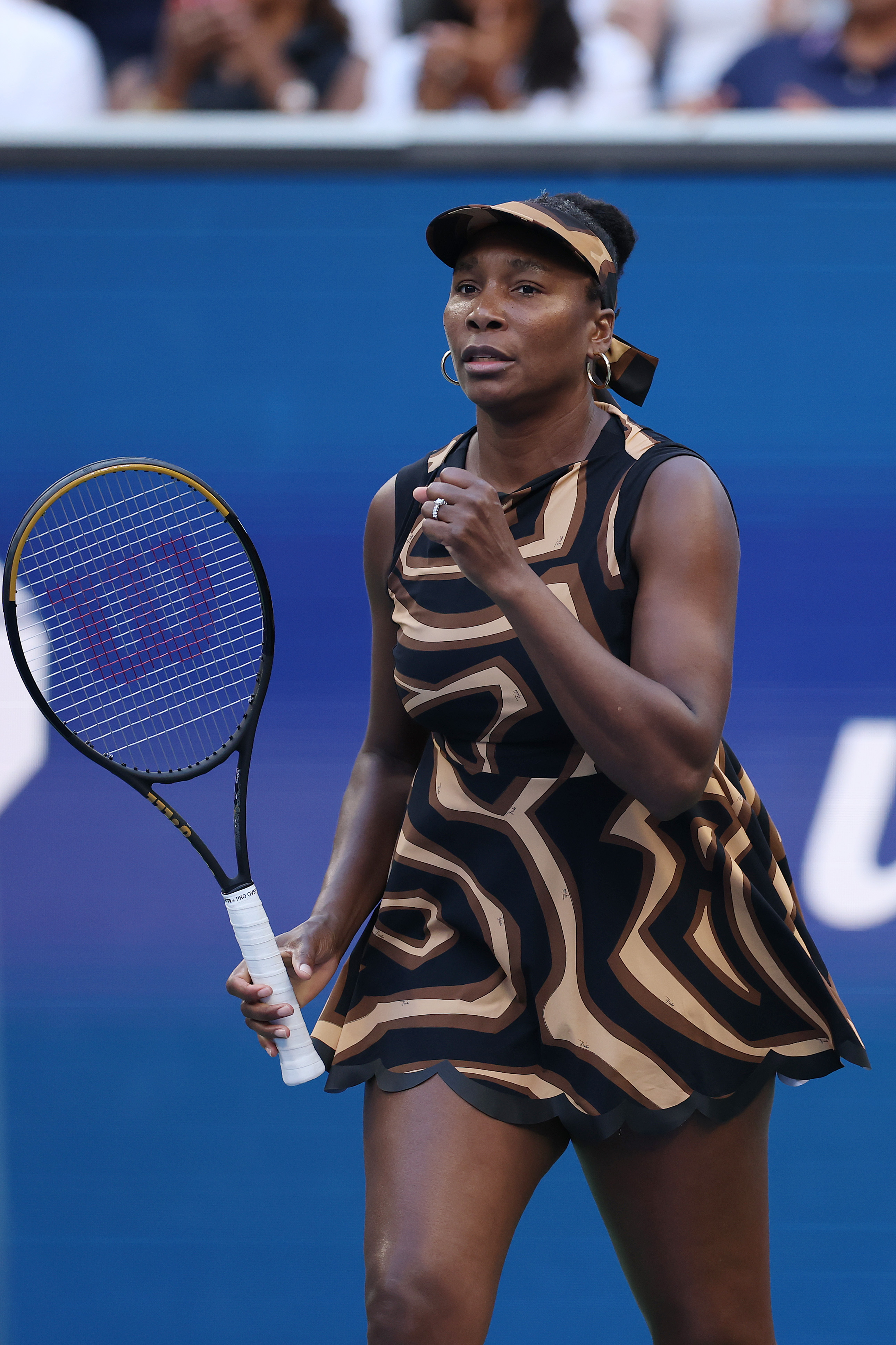 NEW YORK, NEW YORK - SEPTEMBER 01: Venus Williams of the United States reacts with partner Leylah Fernandez of Canada (not pictured) during their Women&amp;amp;apos;s Doubles Third Round match against Shuai Zhang of China and Ekaterina Alexandrova on Day Nine of the 2025 US Open at USTA Billie Jean King National Tennis Center on September 1, 2025 in the Flushing neighborhood of the Queens borough of New York City. (Photo by Maddie Meyer/Getty Images)