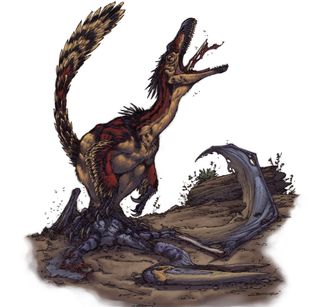 Artist&#039;s impression of a Velociraptor scavenging the carcass of a Pterosaur.