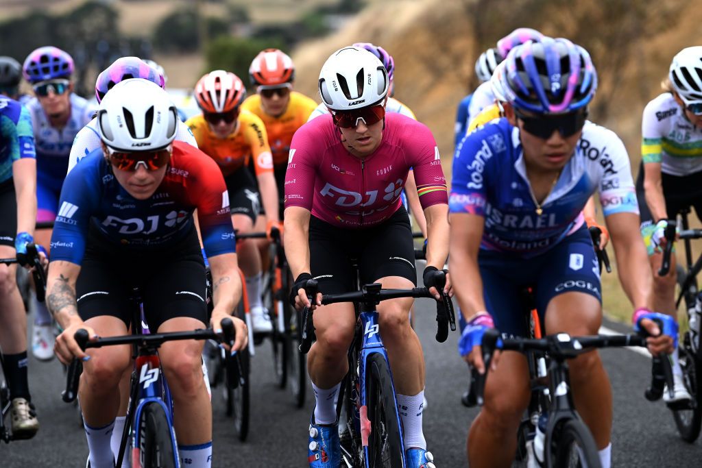 GEELONG AUSTRALIA JANUARY 28 Grace Brown of Australia and Team FDJSUEZ Pink UCI Womens WorldTour Leader Jersey competes during the 7th Cadel Evans Great Ocean Road Race 2023 Womens Elite a 1408km one day race from Geelong to Geelong CadelRoadRace UCIWWT on January 28 2023 in Geelong Australia Photo by Tim de WaeleGetty Images
