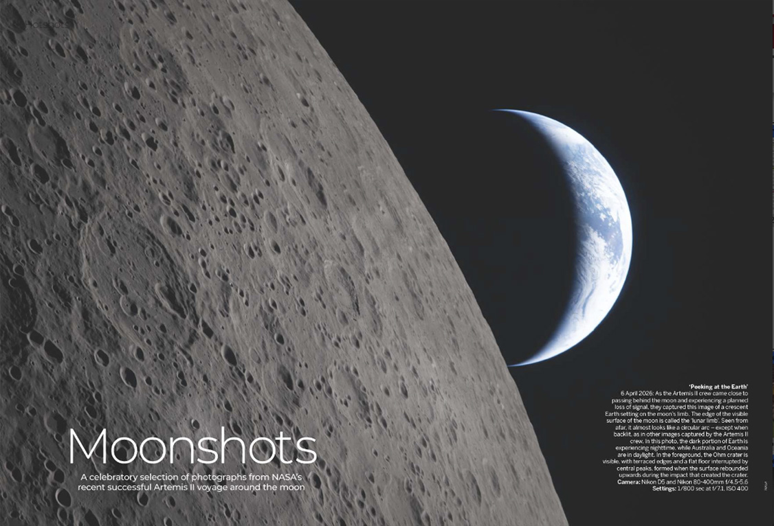 Image showing the first two pages of the Moonshots gallery in issue 308 (June 2026) of Digital Camera magazine, a showcase of NASA's Artemis II moon photographs