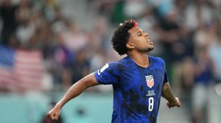 Weston McKennie of the USA celebrates during the FIFA World Cup 2022 match between Iran and the USA on 29 November, 2022 at the Al Thumama Stadium in Doha, Qatar.