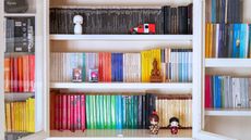 A rainbow organized bookshelf with small trinkets