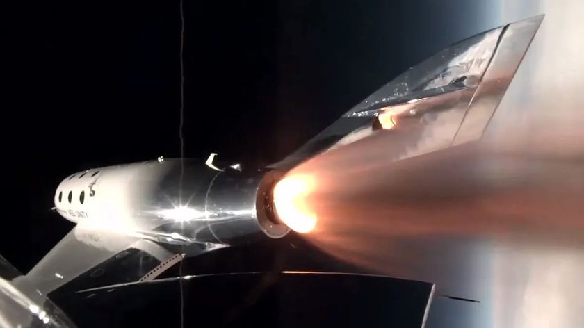 Virgin Galactic&#039;s VSS Unity space plane fires its rocket engine to carry two pilots and four passengers to suborbital space and back on the Galactic 07 mission on June 8, 2024.