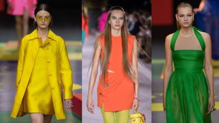 Christian Dior / Versace / Christian Dior models wear bright color clothes on the catwalk