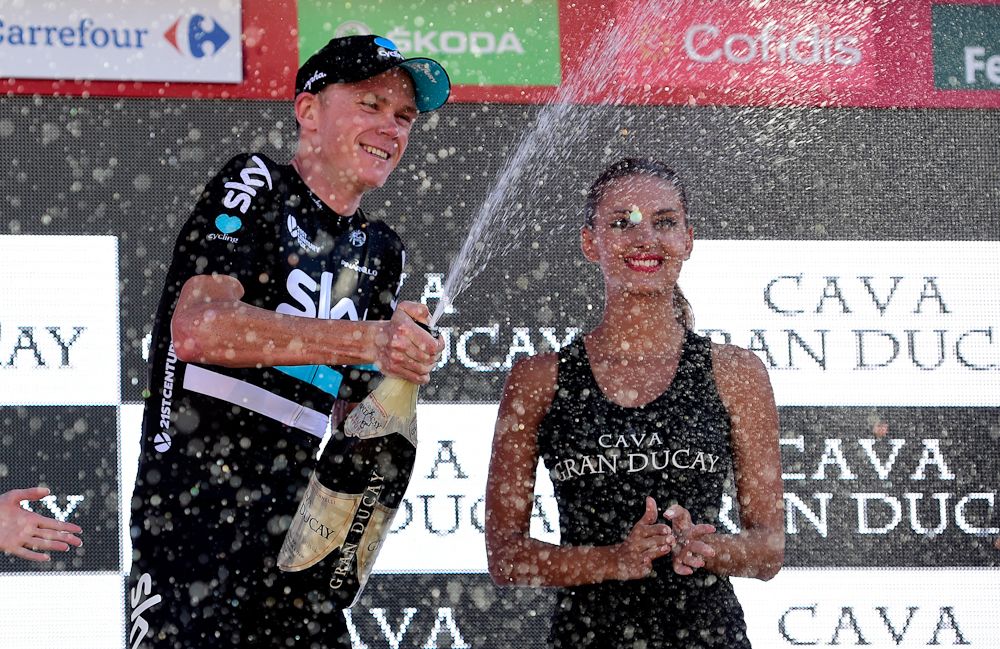 Chris Froome celebrates winning stage 19 at the Vuelta