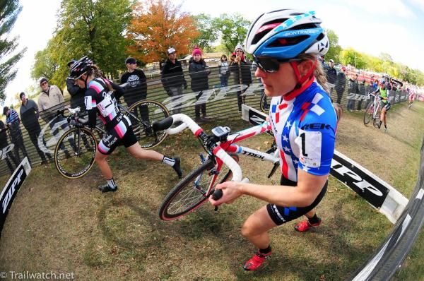 Katie Compton (Trek Cyclocross Race Team) about to over take Krasniak