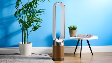 The Dyson Find+Follow Purifier Cool PC3 in a lounge with a blue wall in the background