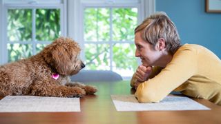 Dog and owner sitting at a table across from each other