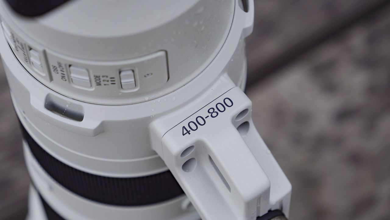 Closeup of the Sony FE 400-800mm F6.3-8 G OSS supertelephoto zoom lens's tripod collar