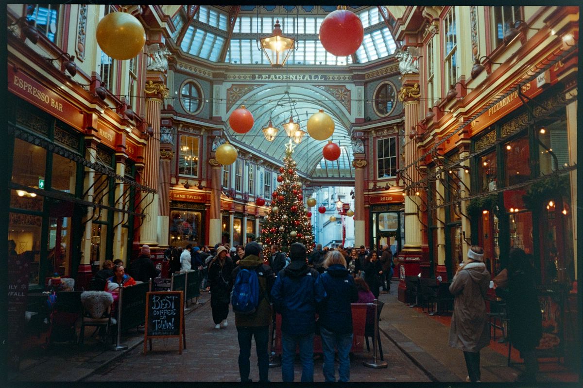 Interior of Leadenhall market decorated for Christmas