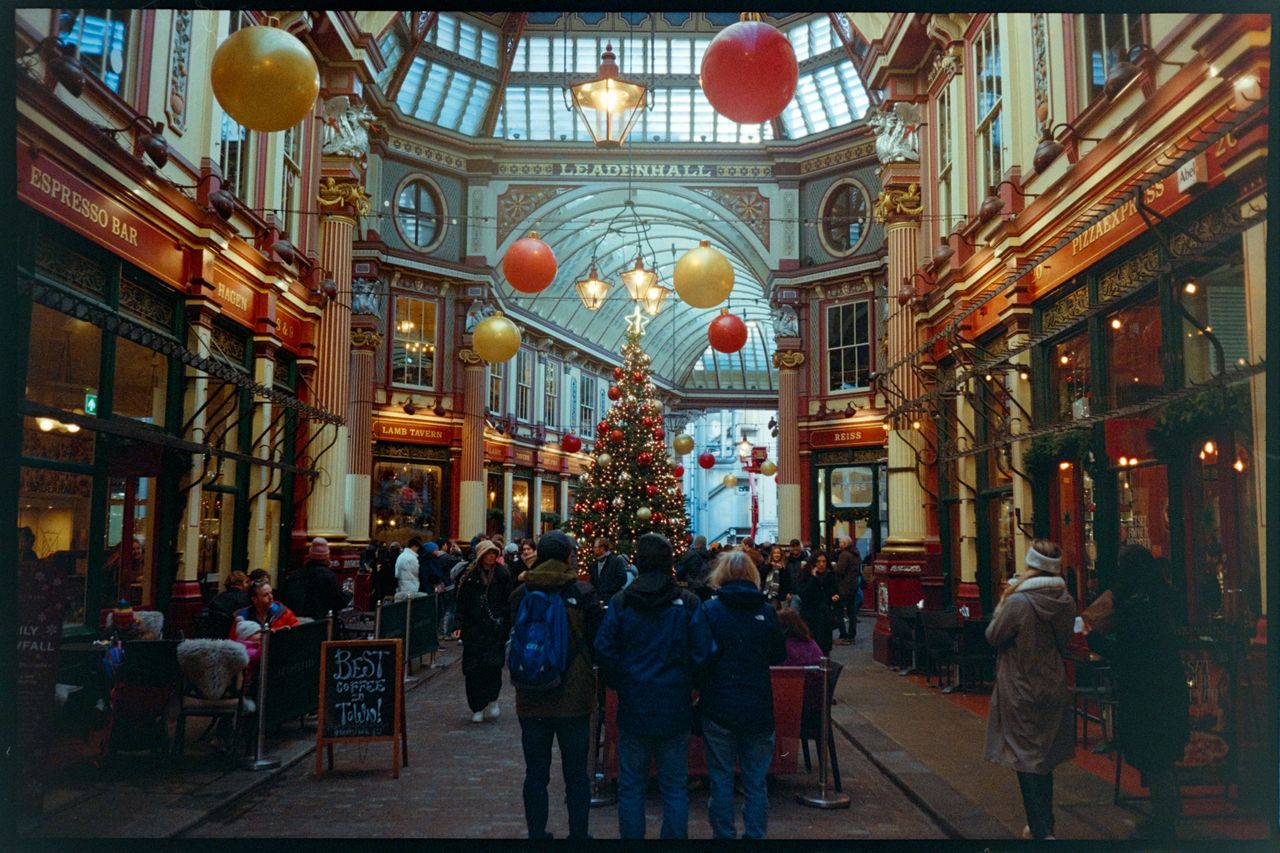 Interior of Leadenhall market decorated for Christmas