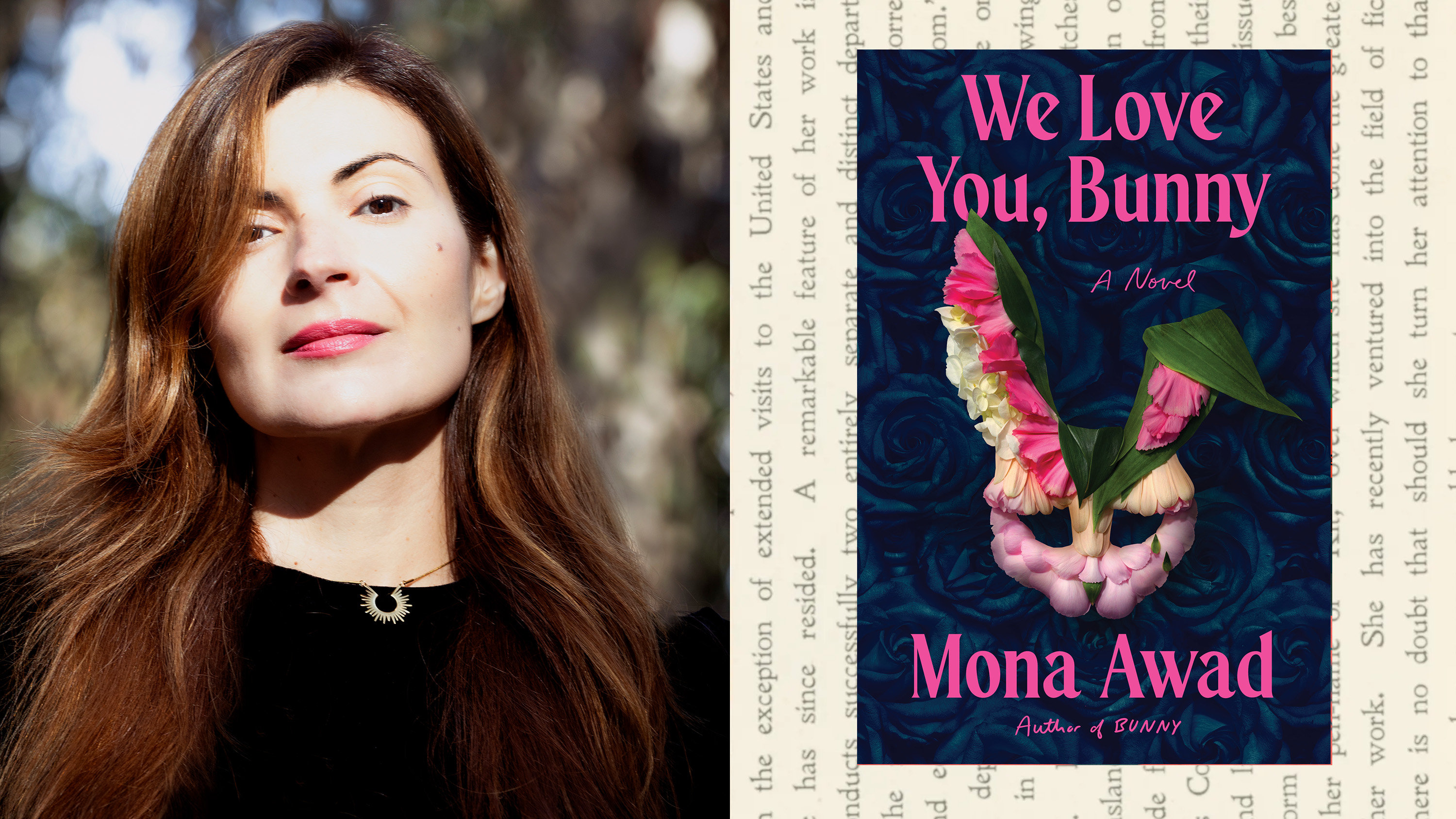 a split image of author mona awad and the cover of her book we love you bunny with an image of a rabbit made out of flowers