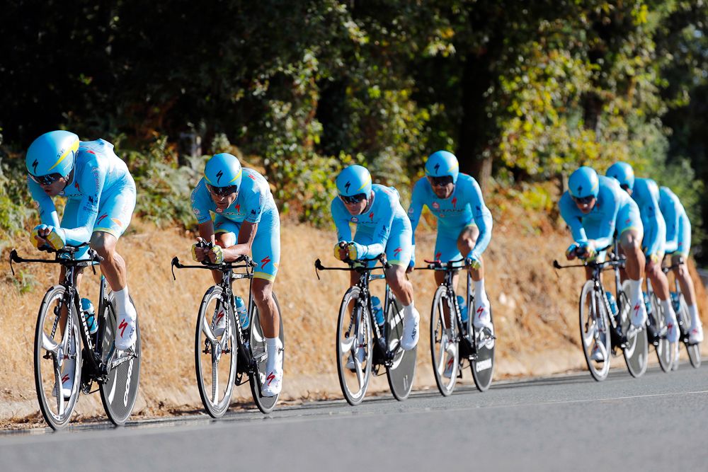 Astana on the road during stage 1 at the Vuelta.