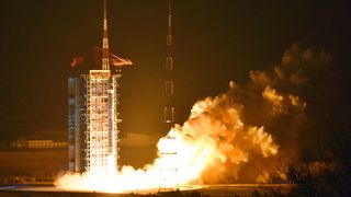 A Chinese Long March 4C rocket launches a new lidar Earth atmosphere monitoring satellite from the Taiyuan Satellite Launch Center at 2:16 a.m. Beijing Time on April 16, 2022.