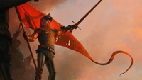 Knight holding a sword and standing in front of a red flag