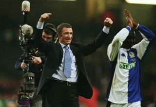 Graeme Souness and Andy Cole celebrate victory for Blackburn Rovers over Tottenham in the 2002 League Cup final.