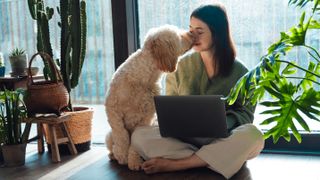 Young Asian woman kissing with her dog while using laptop, sitting on the floor, relaxing at home on a sunny afternoon. Concept of work-life balance. Lifestyle and technology.