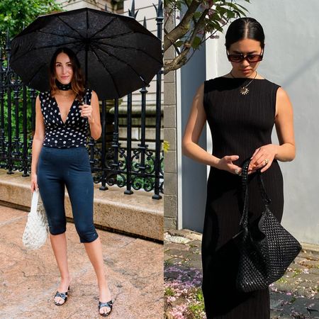 a collage of summer rainy day outfit ideas