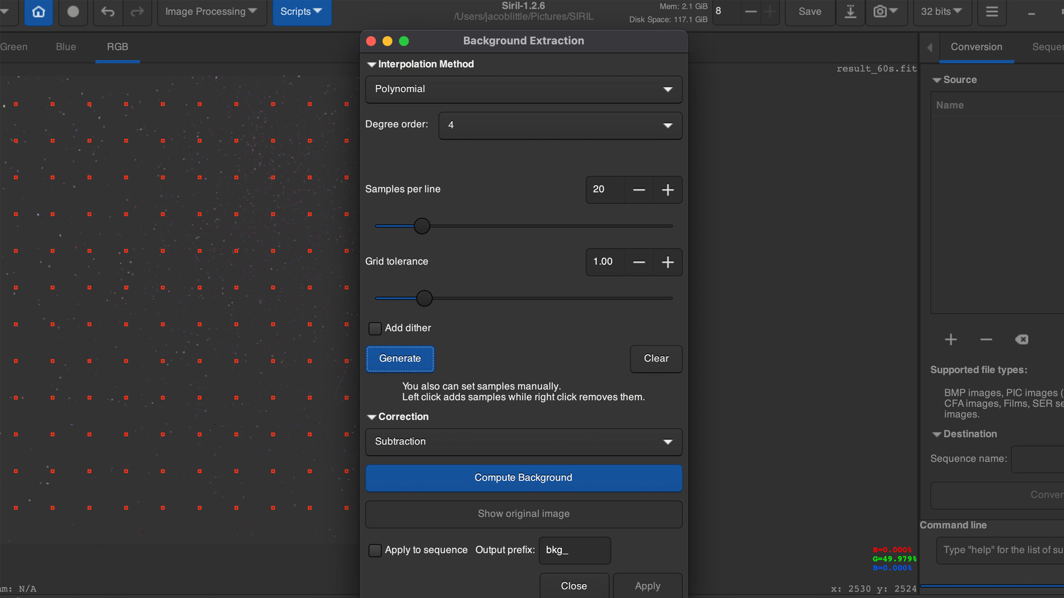Uma captura de tela da tela de processamento de imagem do software Siril.