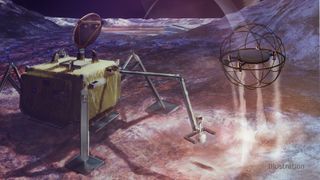 An artist's depiction of a SPARROW robot, at right, and its lander, on the surface of an icy solar system moon.