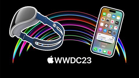 Apple WWDC 2023 invite with an iPhone 14 Pro and Apple VR headset render over the top