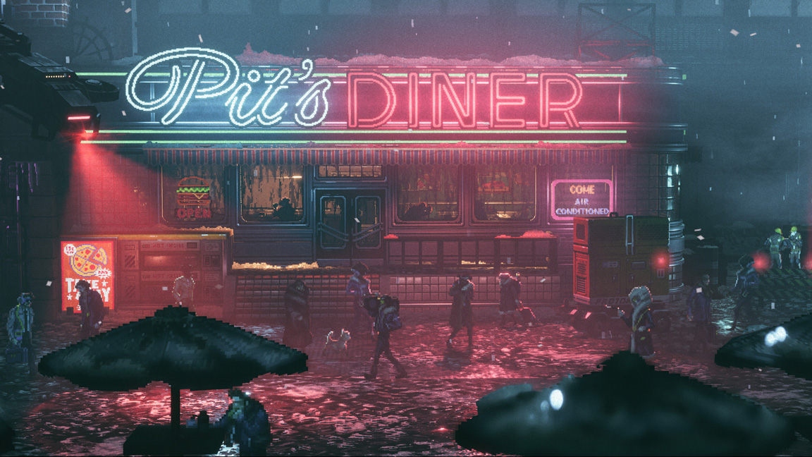 retro art style; a sci-fi pixel art scene