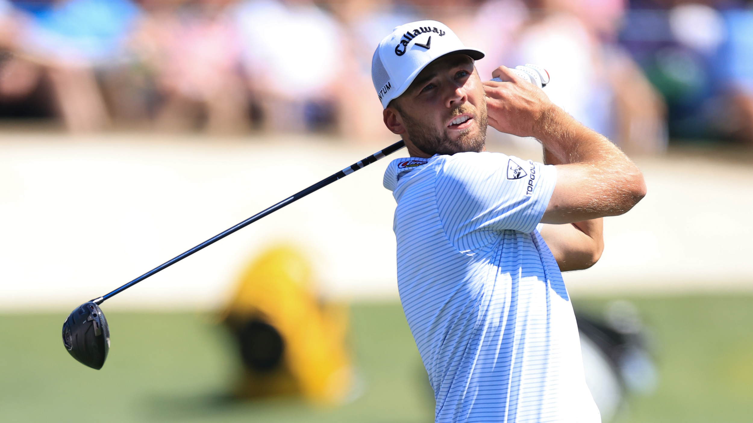 Sam Burns holds his finish on a drive