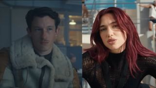 Side by side of Callum Turner in Masters of Air and Dua Lipa in her music video Illusions.