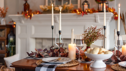 Thanksgiving table with fireplace in the background