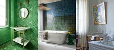 Three examples of bathroom wall ideas. Bright green bathroom with matching tiled floor and walls. Bathroom with green and blue tile feature wall. Bathroom with antique artwork.